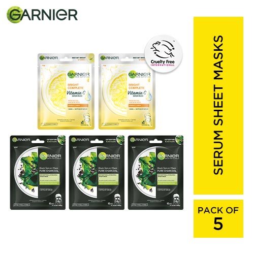 Garnier Sheet Mask Combo Pack of 5 - 3 Charcoal + 2 Bright Complete